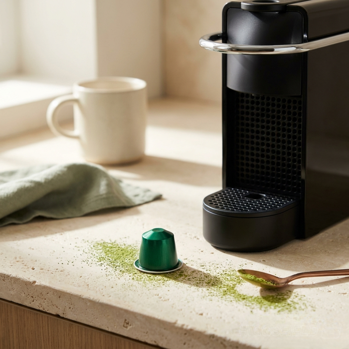Capsule Matchao® de matcha vert posée près d'une machine Nespresso® Original sur un comptoir ivoire — guide complet 2026