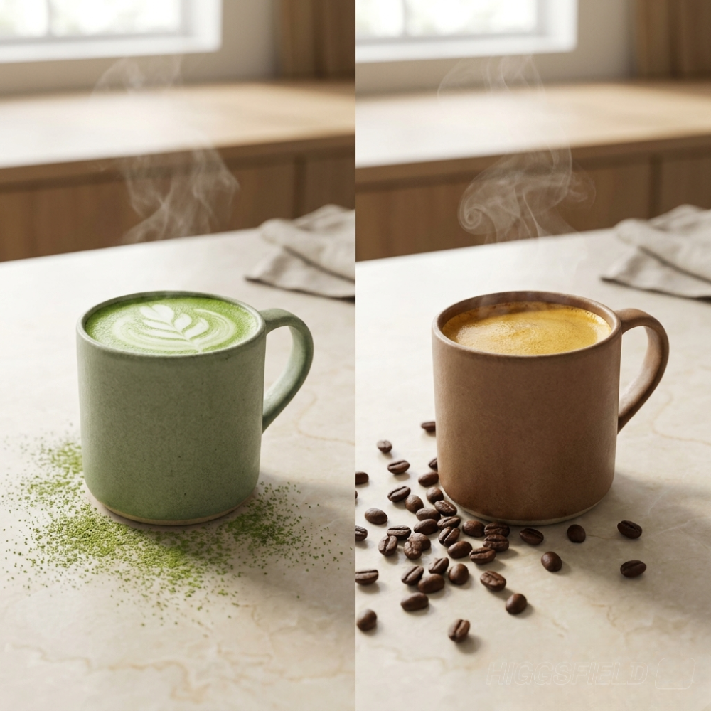Matcha latte vert et espresso côte à côte sur surface ivoire — comparaison caféine et L-théanine