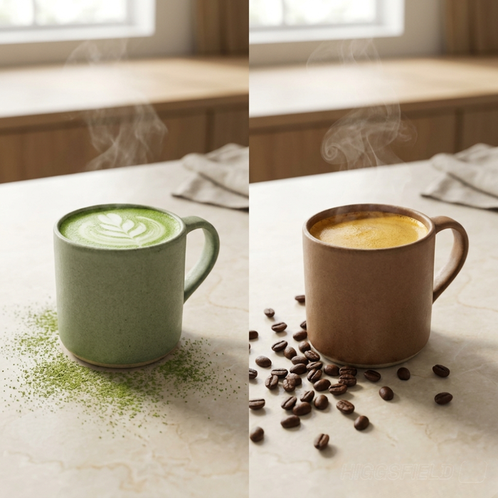 Matcha latte vert et espresso côte à côte sur surface ivoire — comparaison caféine et L-théanine