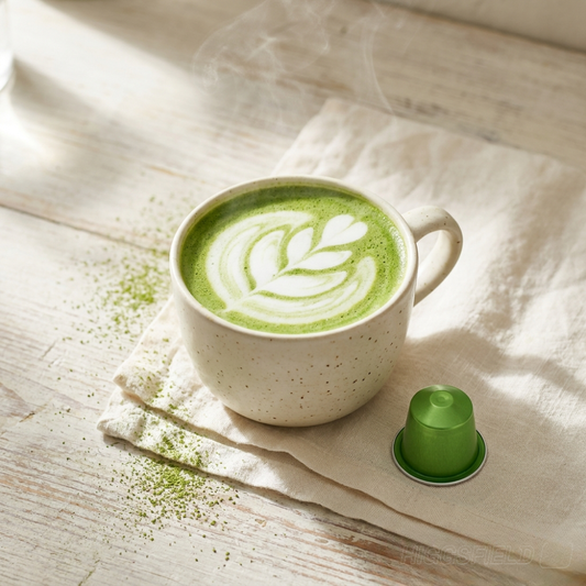 Matcha latte parfait dans un mug céramique crème avec capsule Matchao® et machine Nespresso® — méthode de préparation en 30 secondes